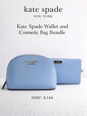 Kate Spade Blue Wallet & Cosmetic Bag Bundle Saffiano Leather